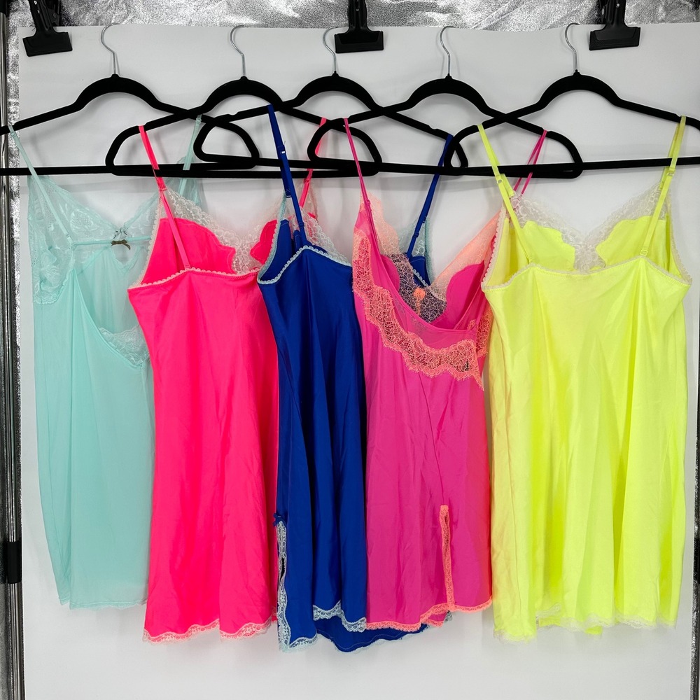 Victoria's Secret Satin Lace Cami Mini Lingerie Dresses 5 PC Bright Vibrant  L - Picture 2 of 11